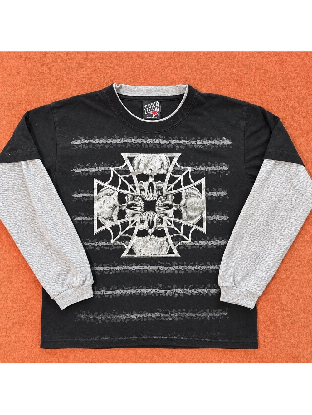Rare Y2K Top Heavy Star Small Skull Cross Hybrid Thermal Layered Long Sleeve